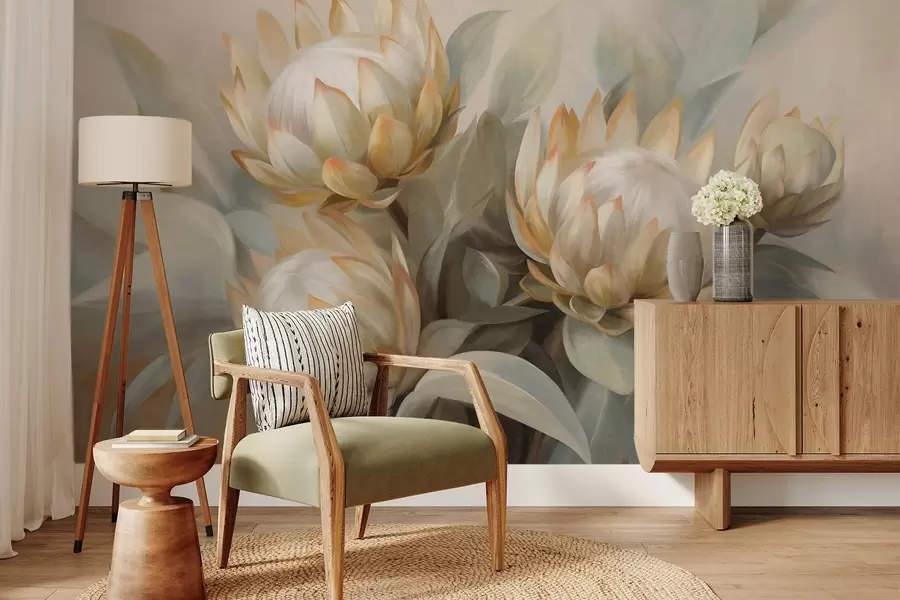 murales de pared Flores de protea con textura, hojas verdes y un fondo suave y difuminado. w09738