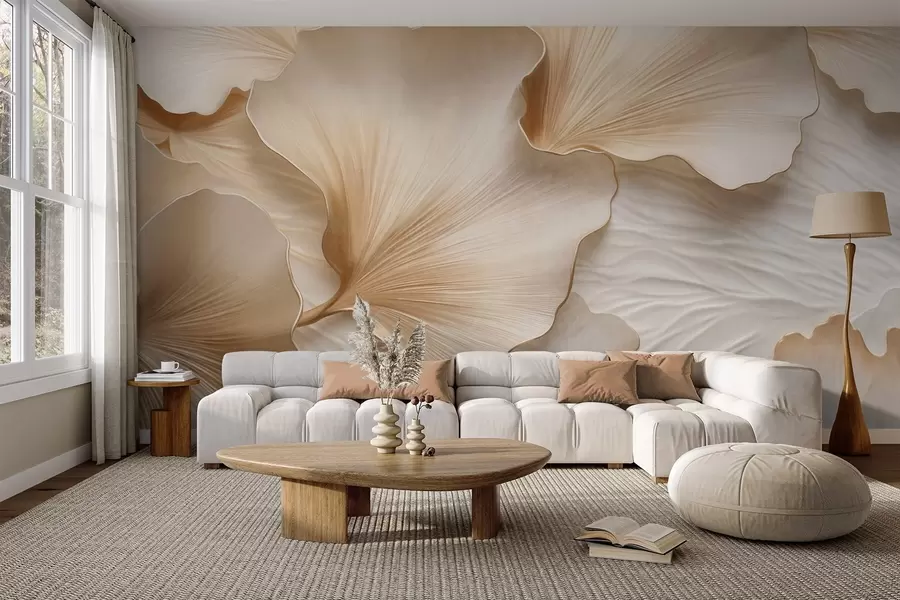murales de pared Pétalos de hojas de ginkgo texturizados, de color beige y blanco, con un delicado estampado orgánico. w09741