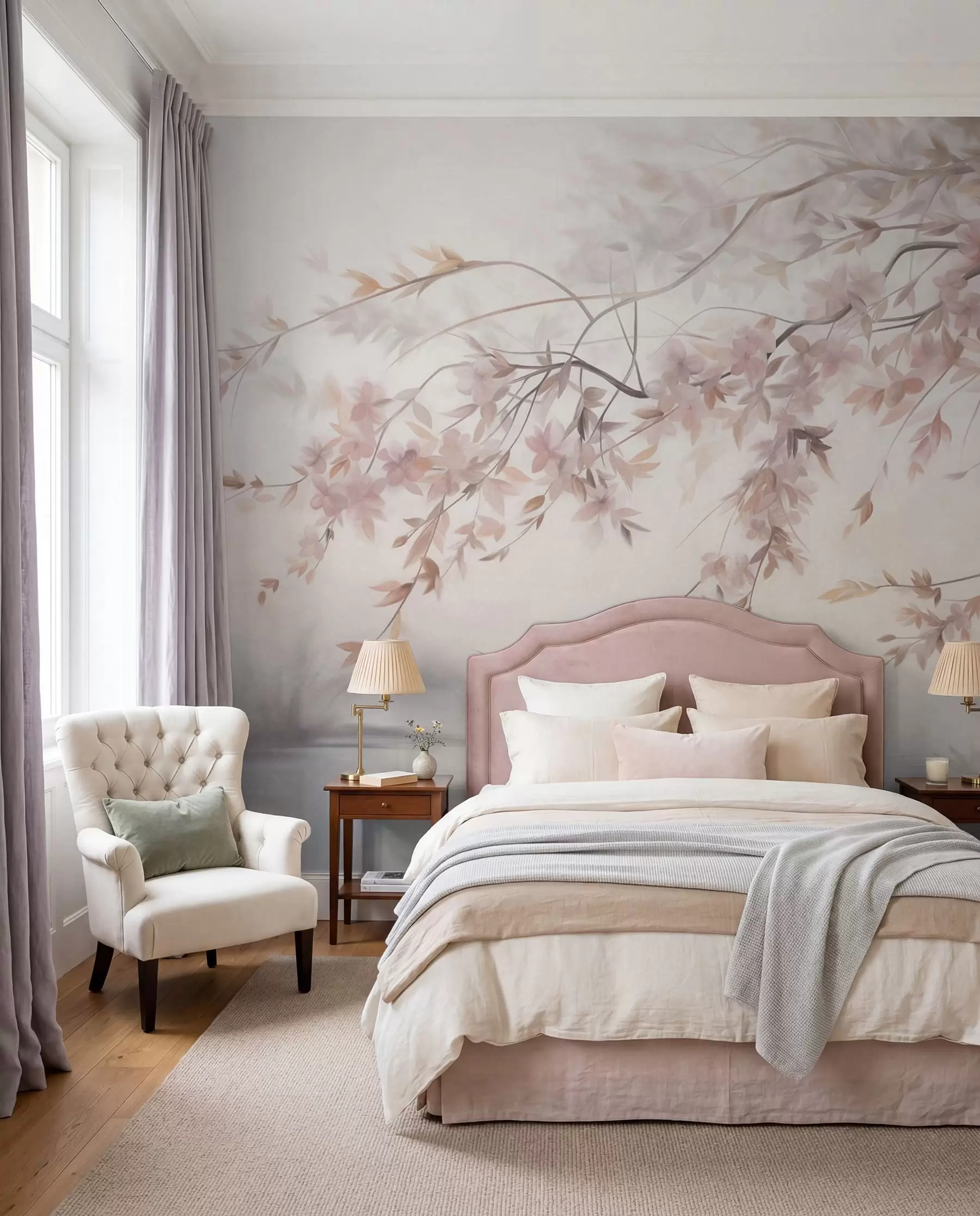 murales de pared Paisaje texturizado con rama de cerezo en flor, hojas rosadas y fondo suave y brumoso. w09743
