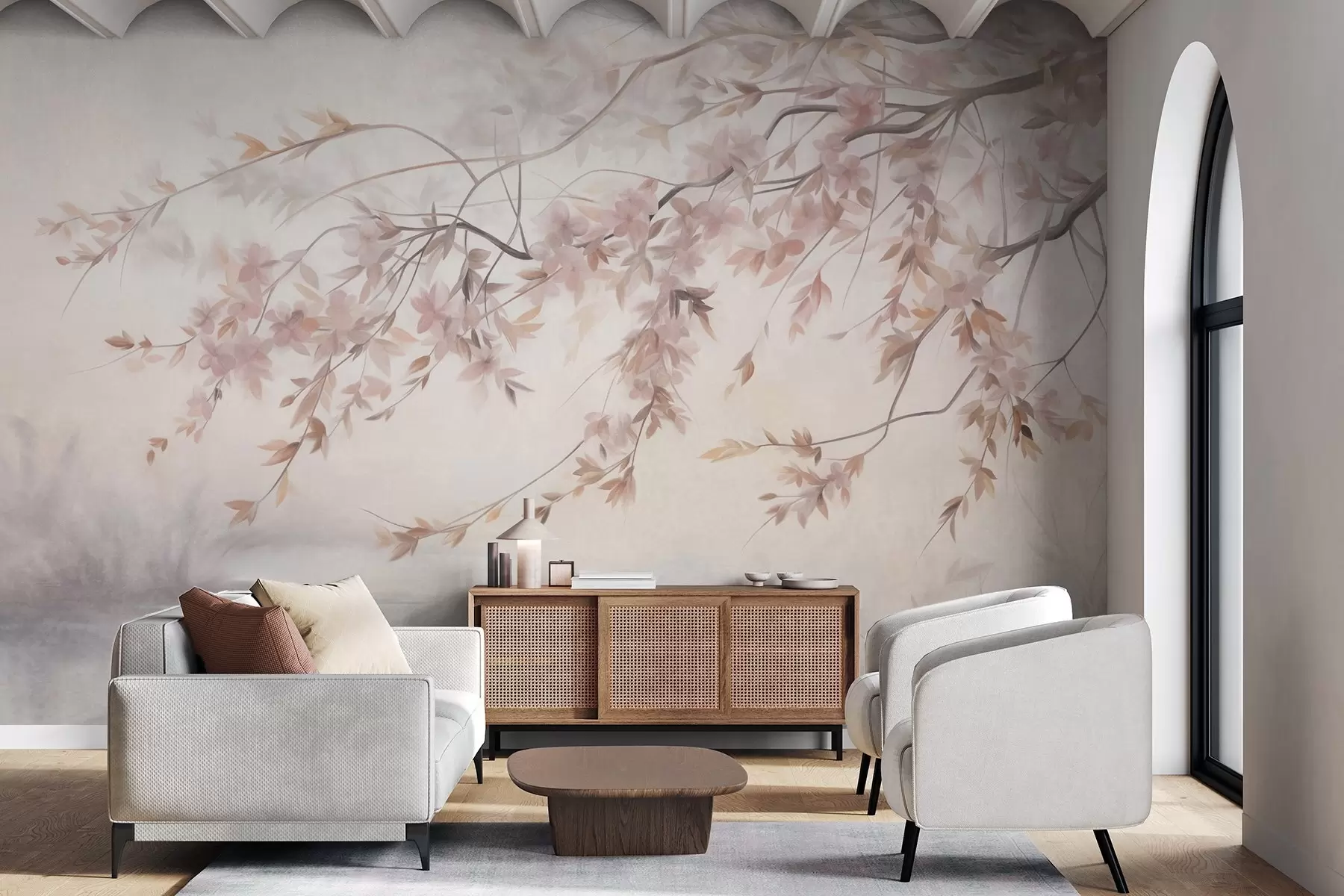 murales de pared Paisaje texturizado con rama de cerezo en flor, hojas rosadas y fondo suave y brumoso. w09743