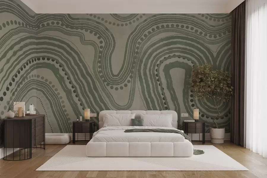 murales de pared Líneas onduladas y puntos abstractos en verde y beige, arte moderno con textura. w09747