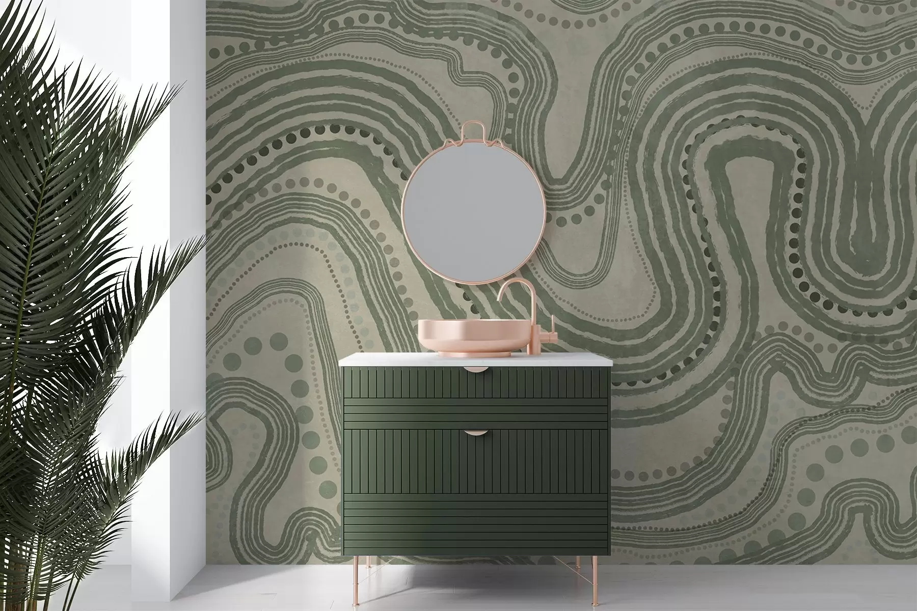 murales de pared Líneas onduladas y puntos abstractos en verde y beige, arte moderno con textura. w09747