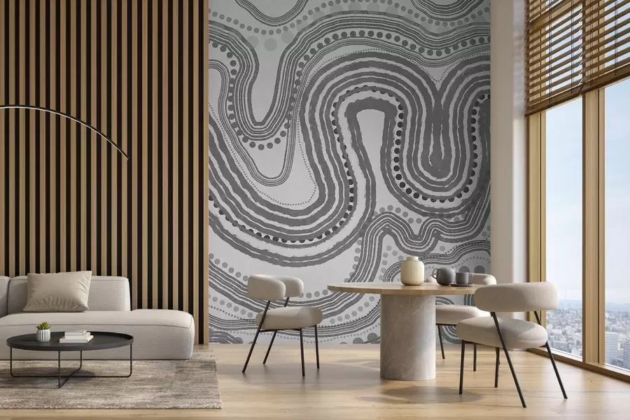 murales de pared Líneas onduladas y puntos abstractos en gris oscuro, arte moderno con textura. w09747v2