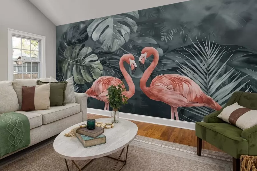 murales de pared Una pareja de flamencos entre plantas tropicales. w09687