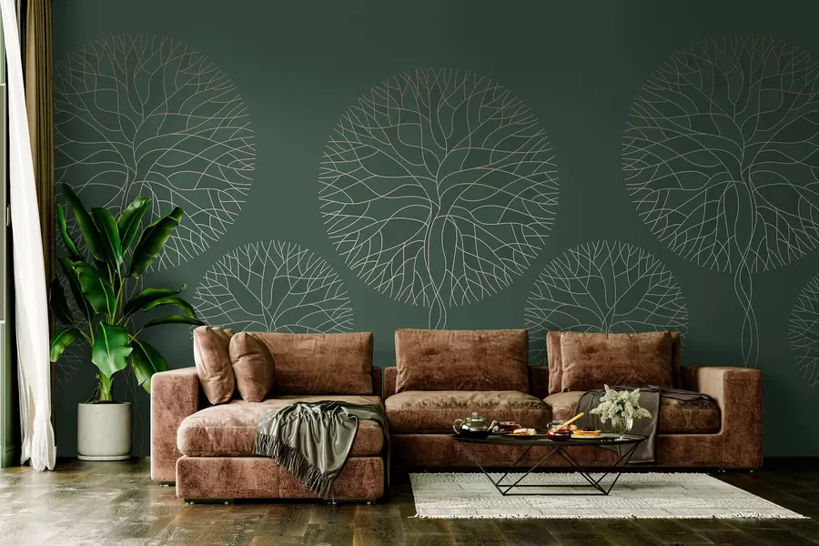 murales de pared Árboles lineales fantásticos con copas frondosas en elegantes tonos verde oscuro. w05213v2