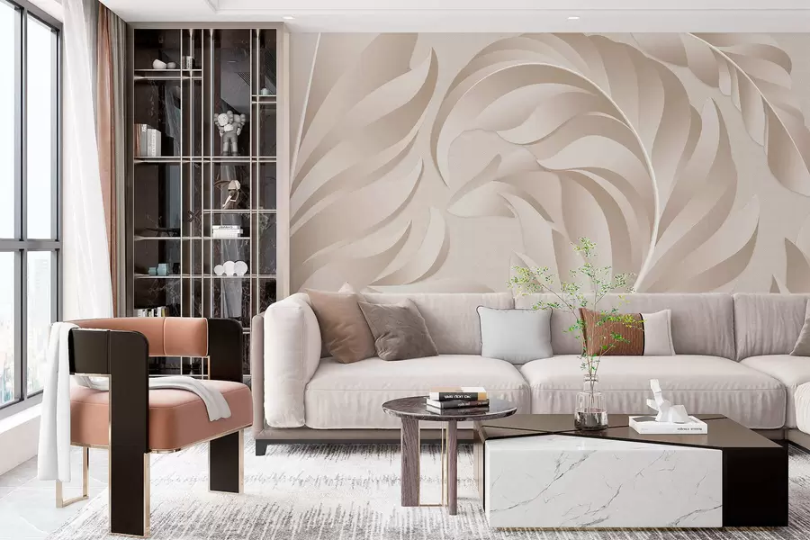 murales de pared Plumas grandes con textura en tonos beige y empolvados. w05231