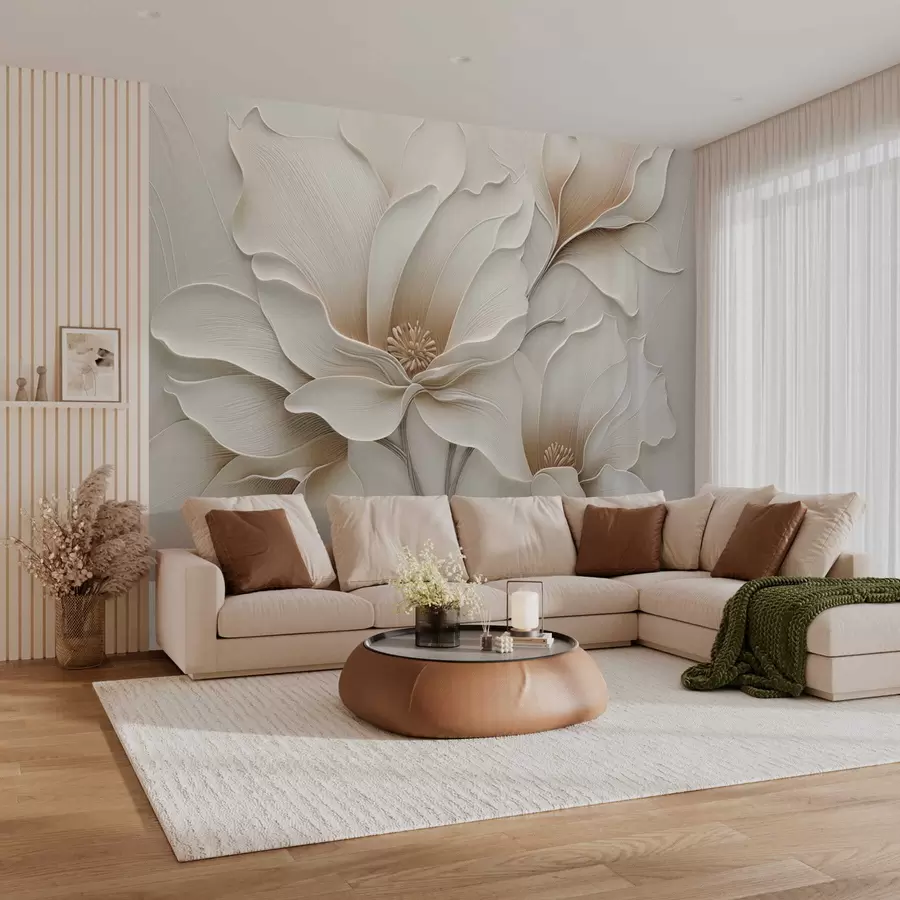 murales de pared Primer plano de relieve con flores beige en relieve w05269