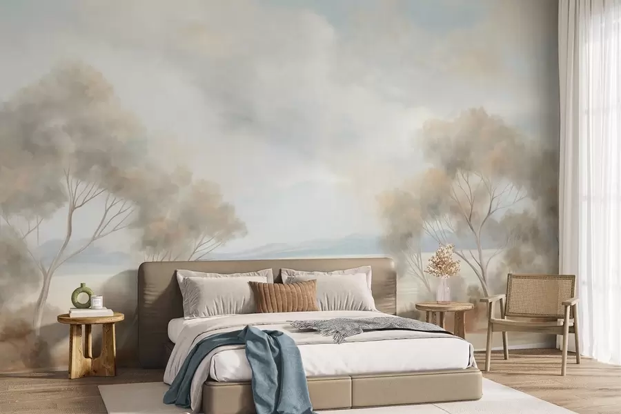 murales de pared Un estilo de pintura con textura paisajística con árboles bajo un cielo nublado. w09753