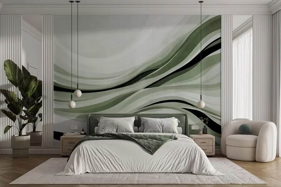 murales de pared Líneas onduladas abstractas en tonos verdes y negros sobre un fondo claro, arte texturizado. w09748v1