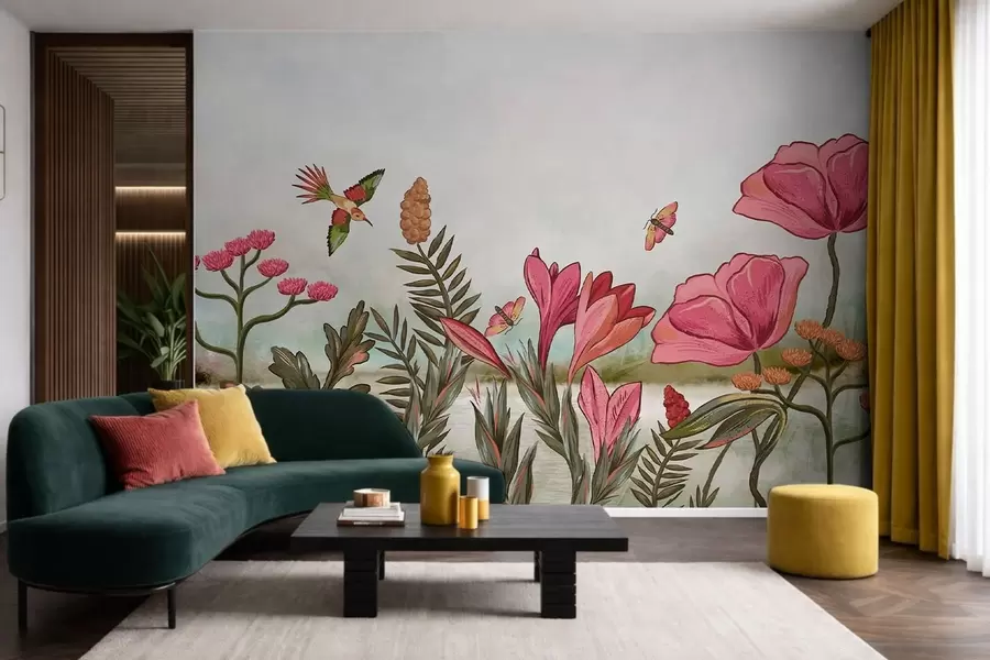 murales de pared Flores brillantes con pájaros y mariposas w05321