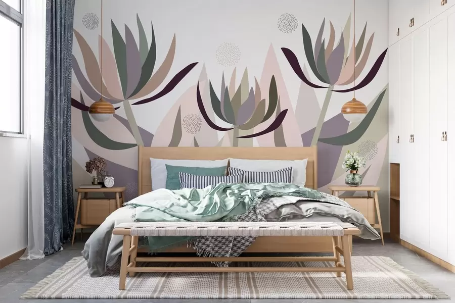 murales de pared flores de protea estilizadas en estilo primitivo w05236