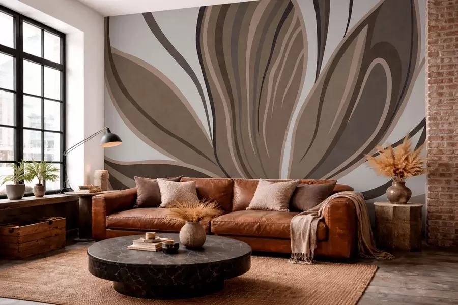 murales de pared Flor estilizada con líneas fluidas en tonos marrones w05147