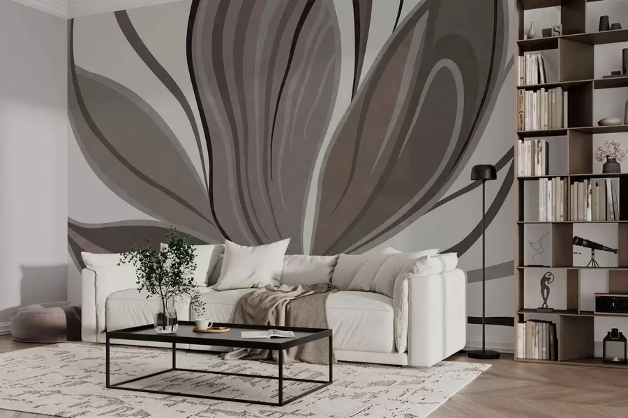 murales de pared Flor abstracta con líneas suaves en tonos gris-beige w05147v1