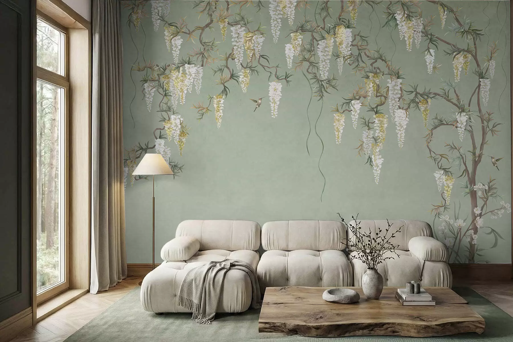 murales de pared Ramas en flor con flores blancas y pájaros sobre un fondo verde w05394