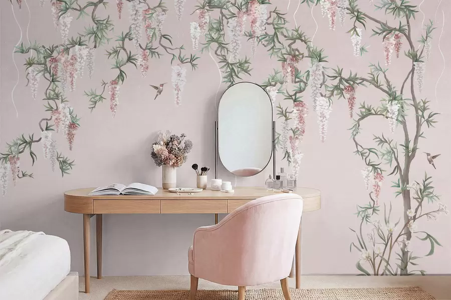 murales de pared Ramas en flor con capullos rosas y pájaros w05394v1