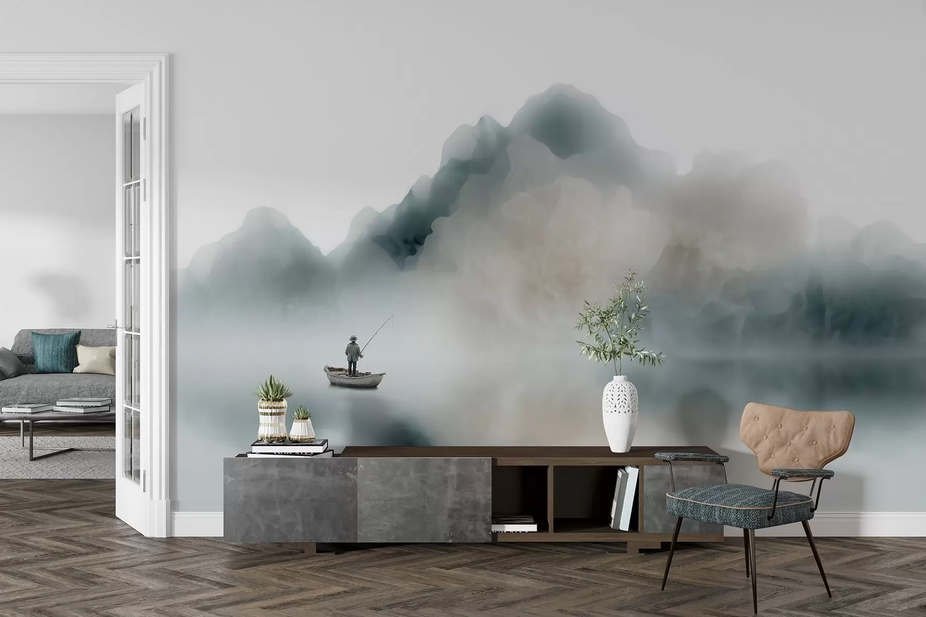 murales de pared Paisaje montañoso con un barco y un pescador que se desvanecen en una suave niebla w09678