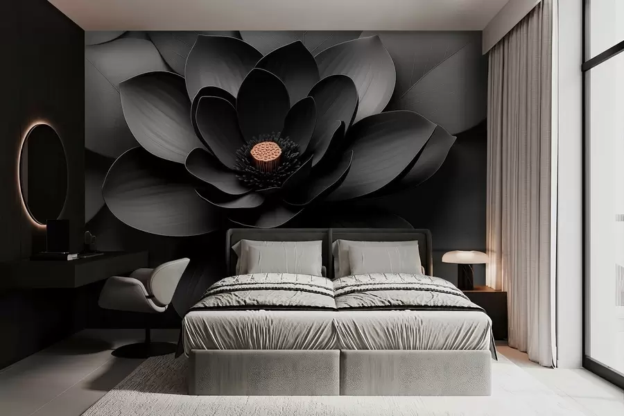 murales de pared Flor negra minimalista con pétalos y un centro cálido que contrasta w09721