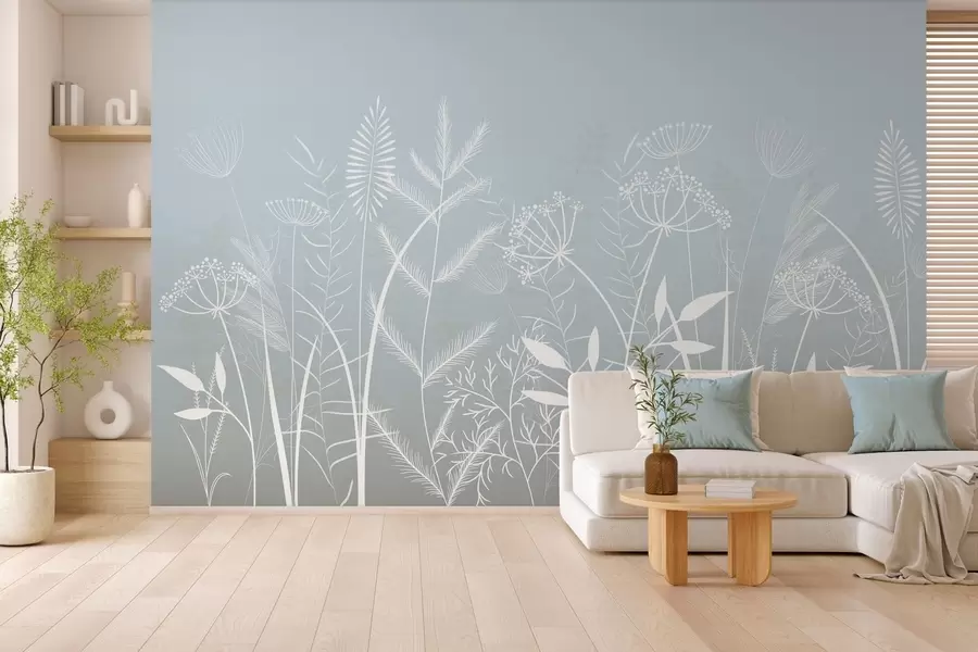 murales de pared delicadas hierbas silvestres y flores pintadas a mano sobre un fondo gris azulado w05383
