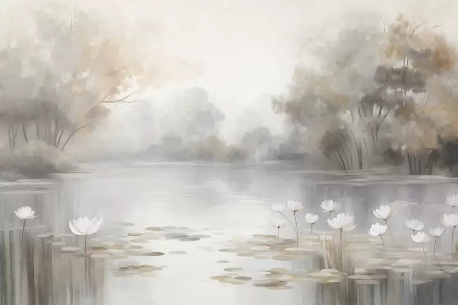 murales de pared Paisaje con relieve, lago con nenúfares blancos, rodeado de árboles de colores tenues w09768