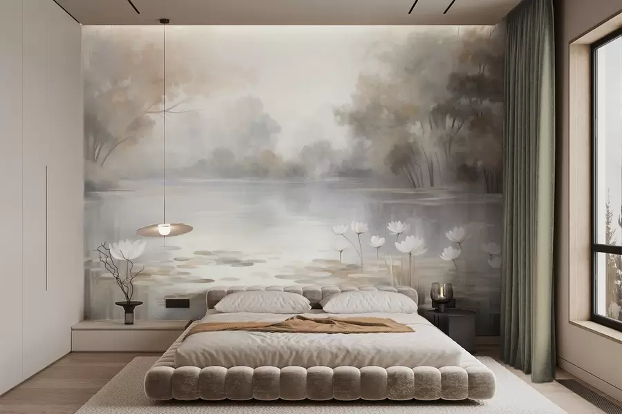 murales de pared Paisaje con relieve, lago con nenúfares blancos, rodeado de árboles de colores tenues w09768