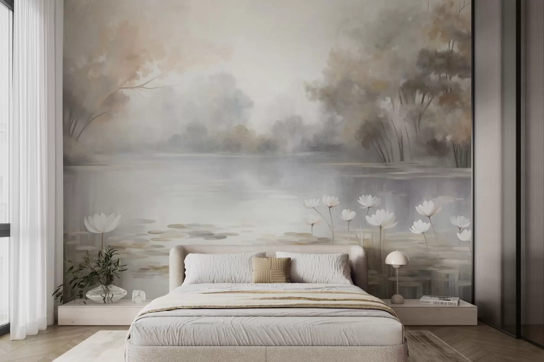 murales de pared Paisaje con relieve, lago con nenúfares blancos, rodeado de árboles de colores tenues w09768