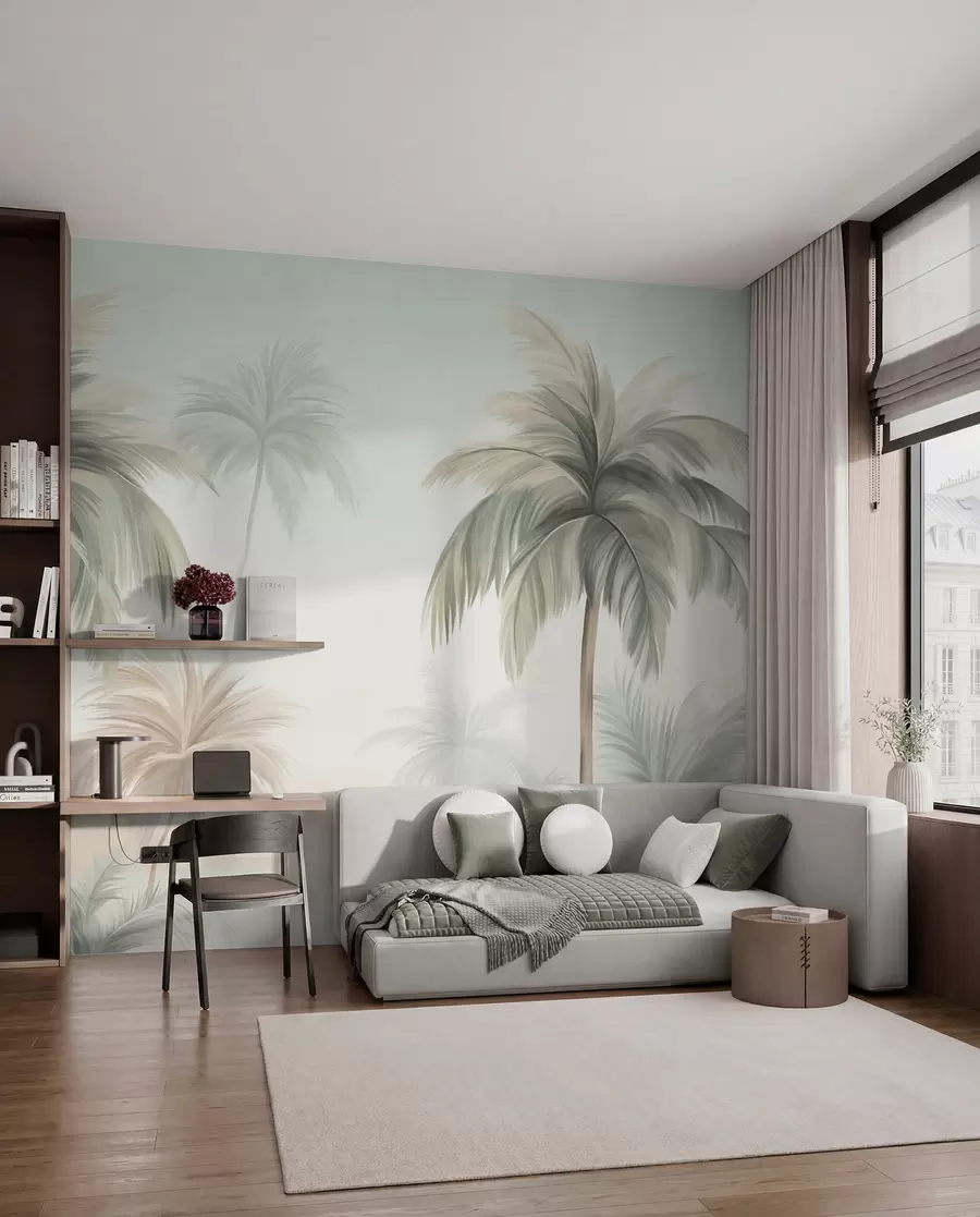 murales de pared Palmeras con hojas de textura rugosa en tonos verdes apagados y beige, recortadas contra un cielo suave w09770