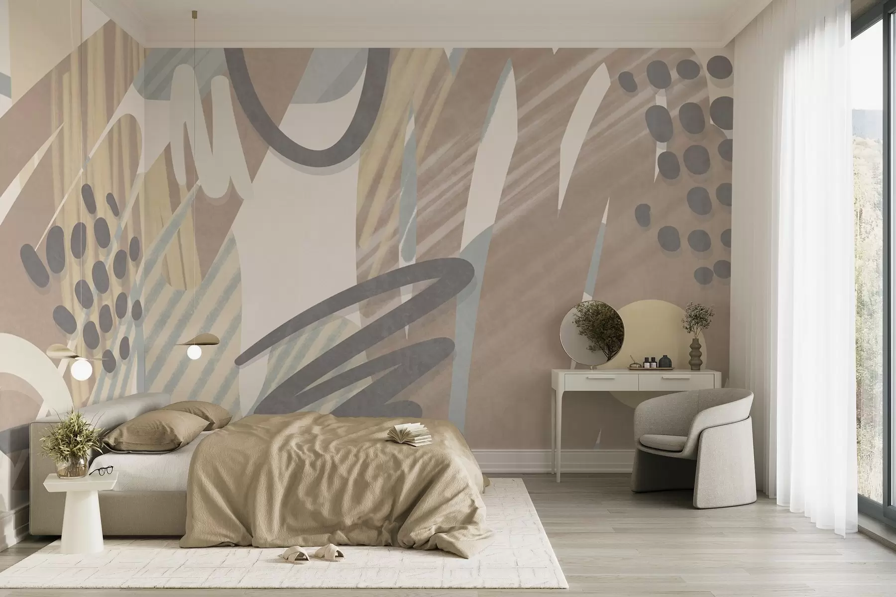 murales de pared Estampado abstracto con texturas, formas orgánicas, garabatos y puntos en tonos pastel apagados w09774