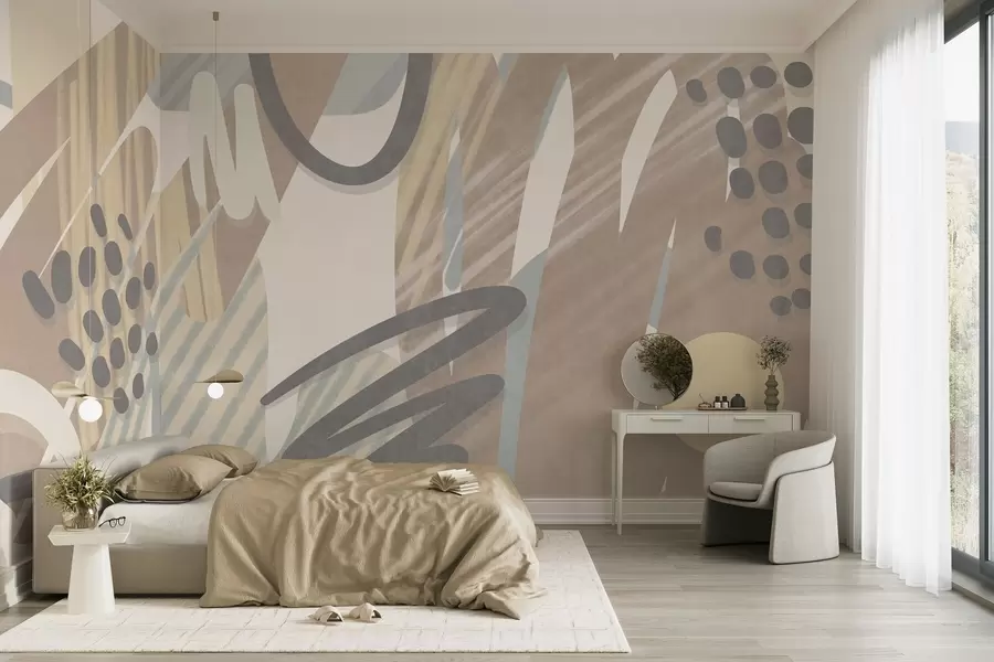 murales de pared Estampado abstracto con texturas, formas orgánicas, garabatos y puntos en tonos pastel apagados w09774