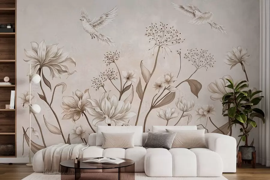 murales de pared Flores claras y pájaros sobre un fondo suave w05118
