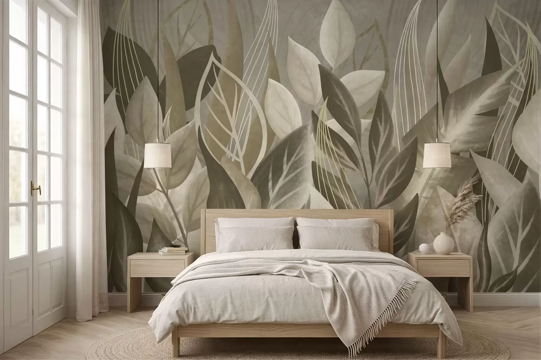 murales de pared Hojas abstractas en tonos beige y verde w05148