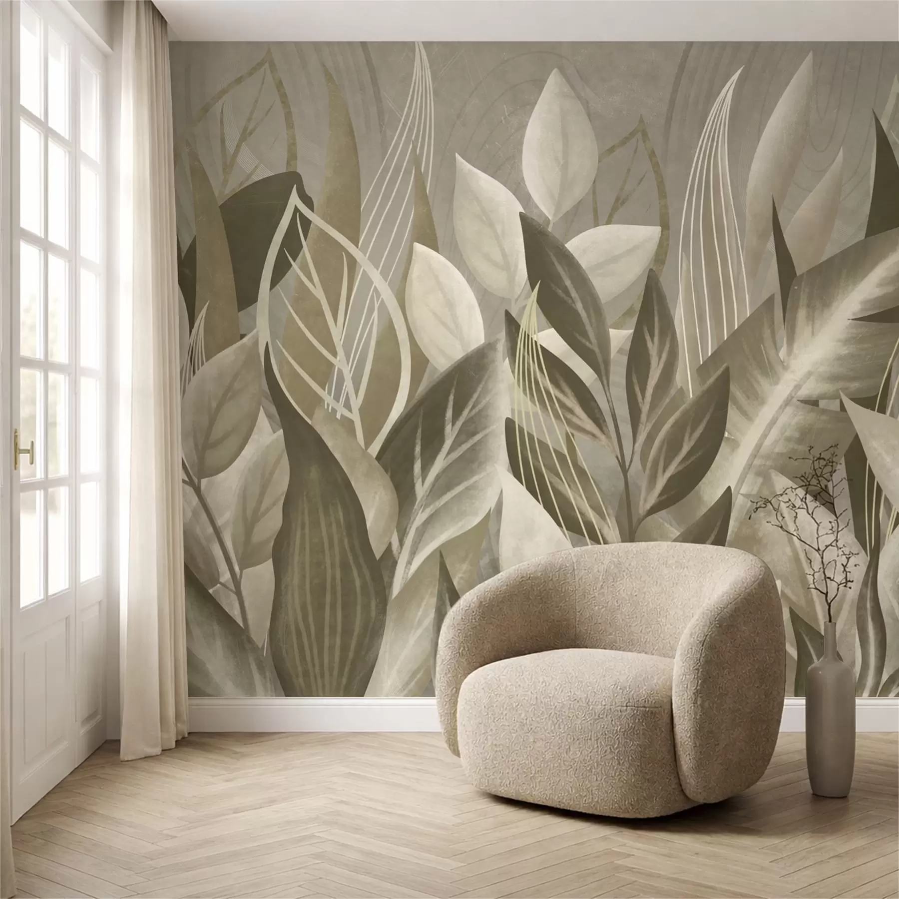 murales de pared Hojas abstractas en tonos beige y verde w05148
