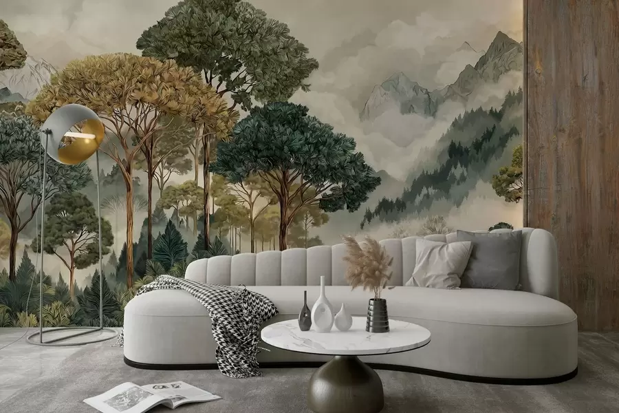 murales de pared Bosque con árboles altos en montañas envueltas en niebla w05410