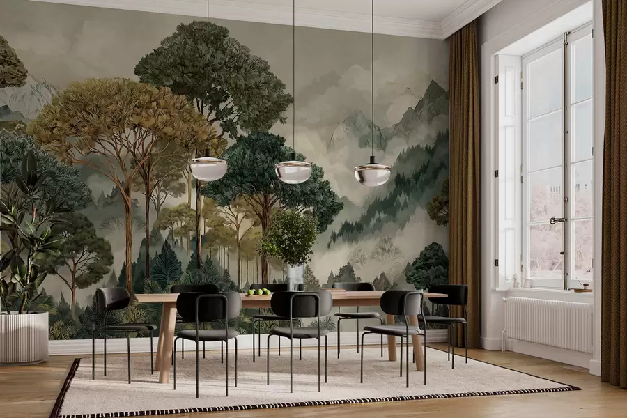 murales de pared Bosque con árboles altos en montañas envueltas en niebla w05410