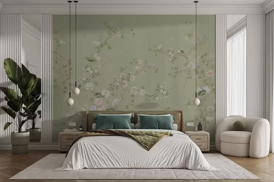 murales de pared Ramas en flor con pájaros sobre un fondo verde claro w05416