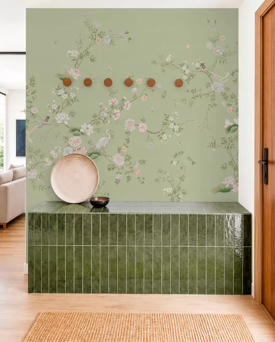 murales de pared Ramas en flor con pájaros sobre un fondo verde claro w05416