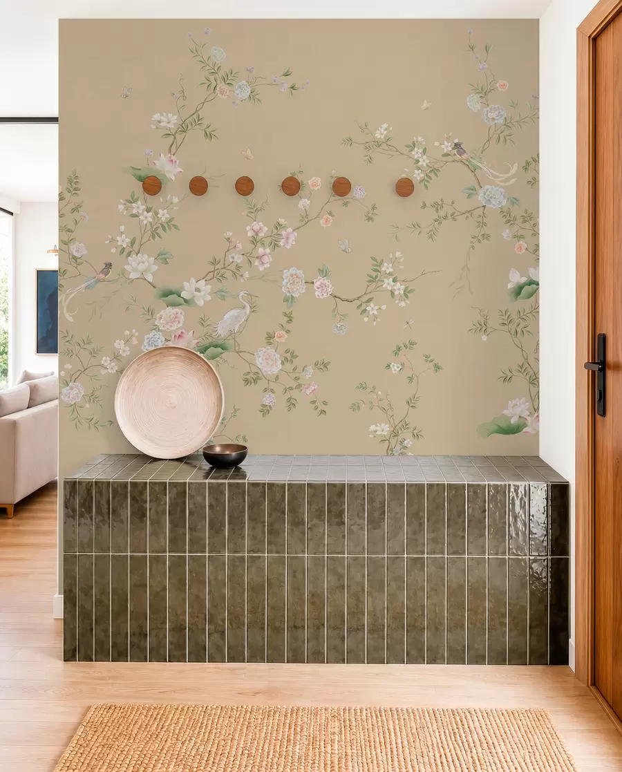 murales de pared Ramas en flor con pájaros sobre un fondo beige cálido w05416v2