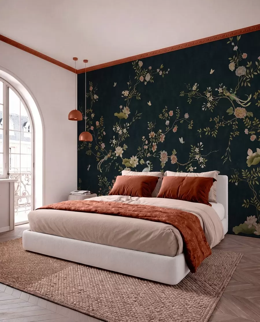 murales de pared Ramas en flor con pájaros sobre fondo oscuro w05416v3