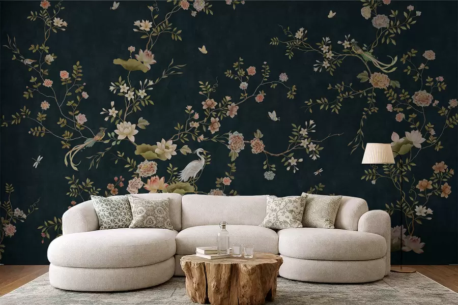 murales de pared Ramas en flor con pájaros sobre fondo oscuro w05416v3