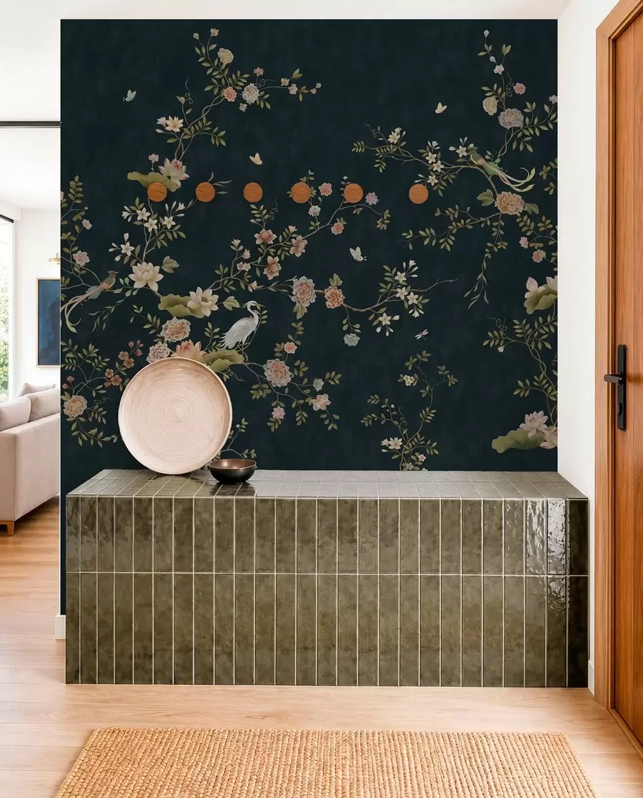 murales de pared Ramas en flor con pájaros sobre fondo oscuro w05416v3