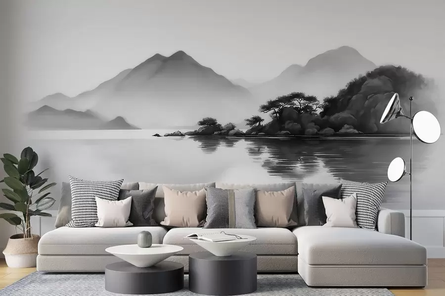 murales de pared Paisaje en blanco y negro con montañas y un lago envueltos en una suave niebla w09803
