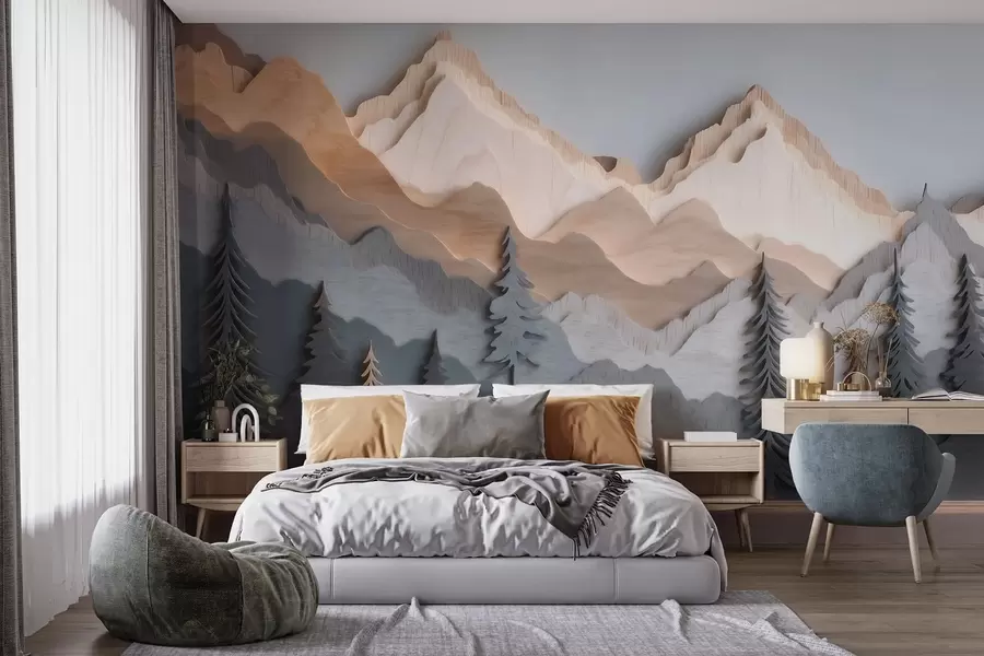 murales de pared Paisaje natural con pinos y montañas, en estilo de madera tallada w09793
