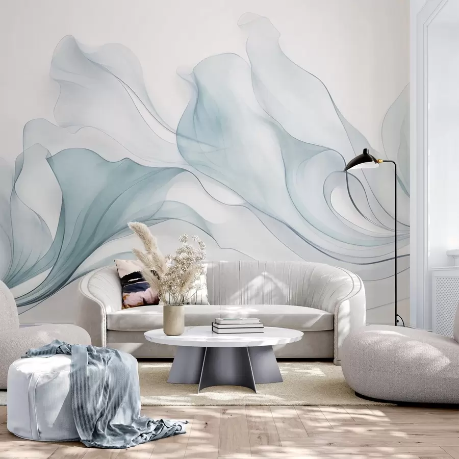 murales de pared Textura abstracta y fluida en tonos azules con líneas delicadas w09815v1