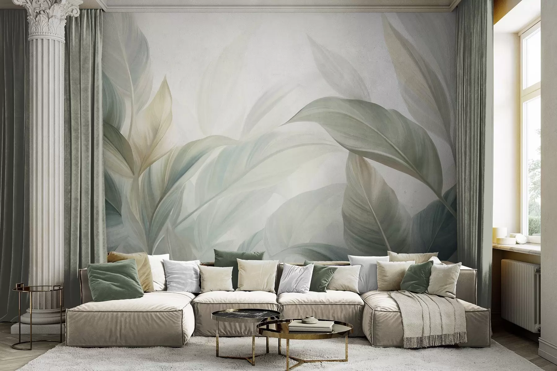 murales de pared Hojas tropicales grandes de color verde pálido con tonos suaves y pasteles, obra de arte con textura w09816