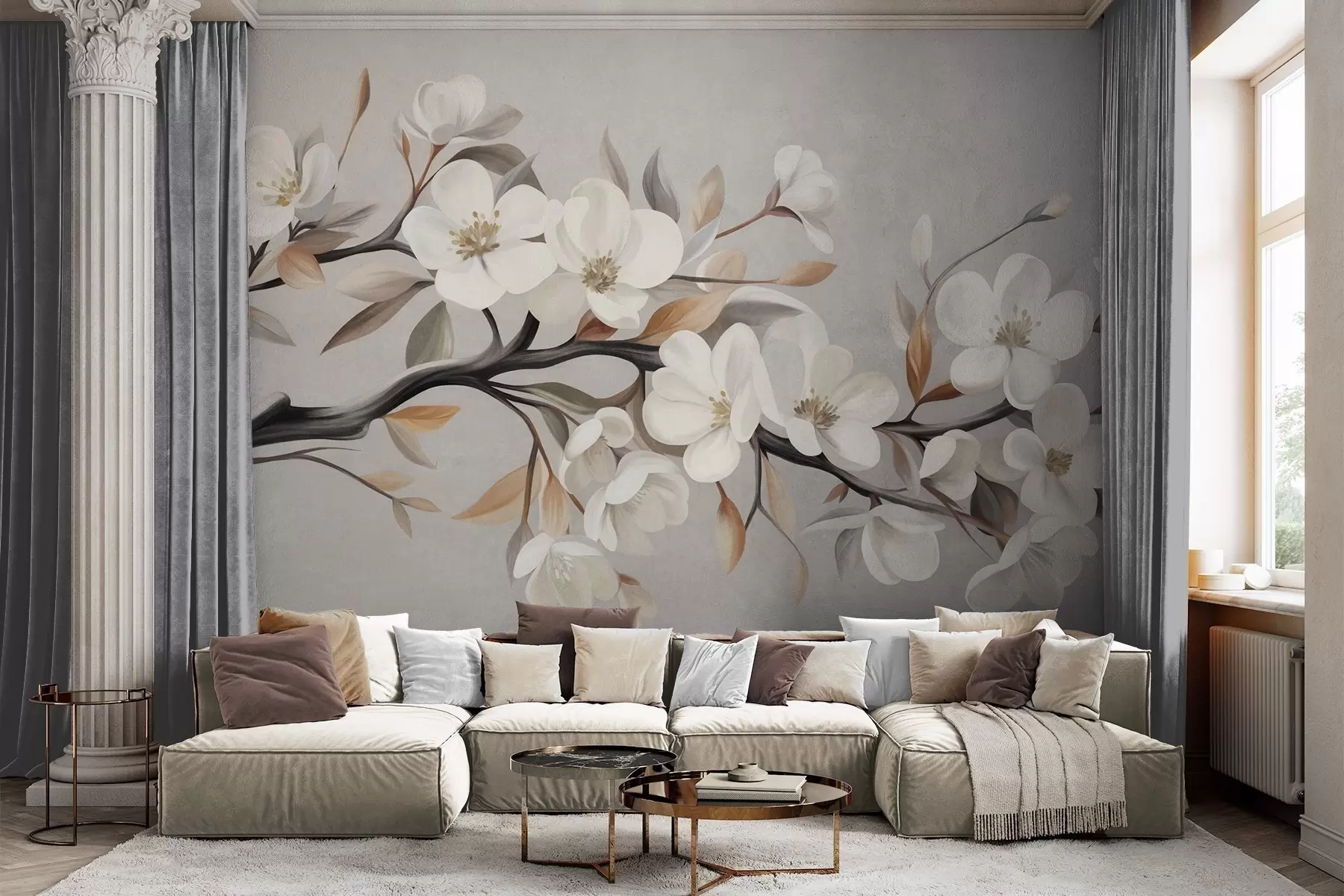murales de pared Rama con textura, con flores blancas y hojas marrones sobre un fondo gris claro w09817