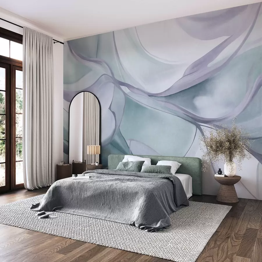 murales de pared Formas fluidas con texturas abstractas en tonos azules y grises, con líneas delicadas w09818v1