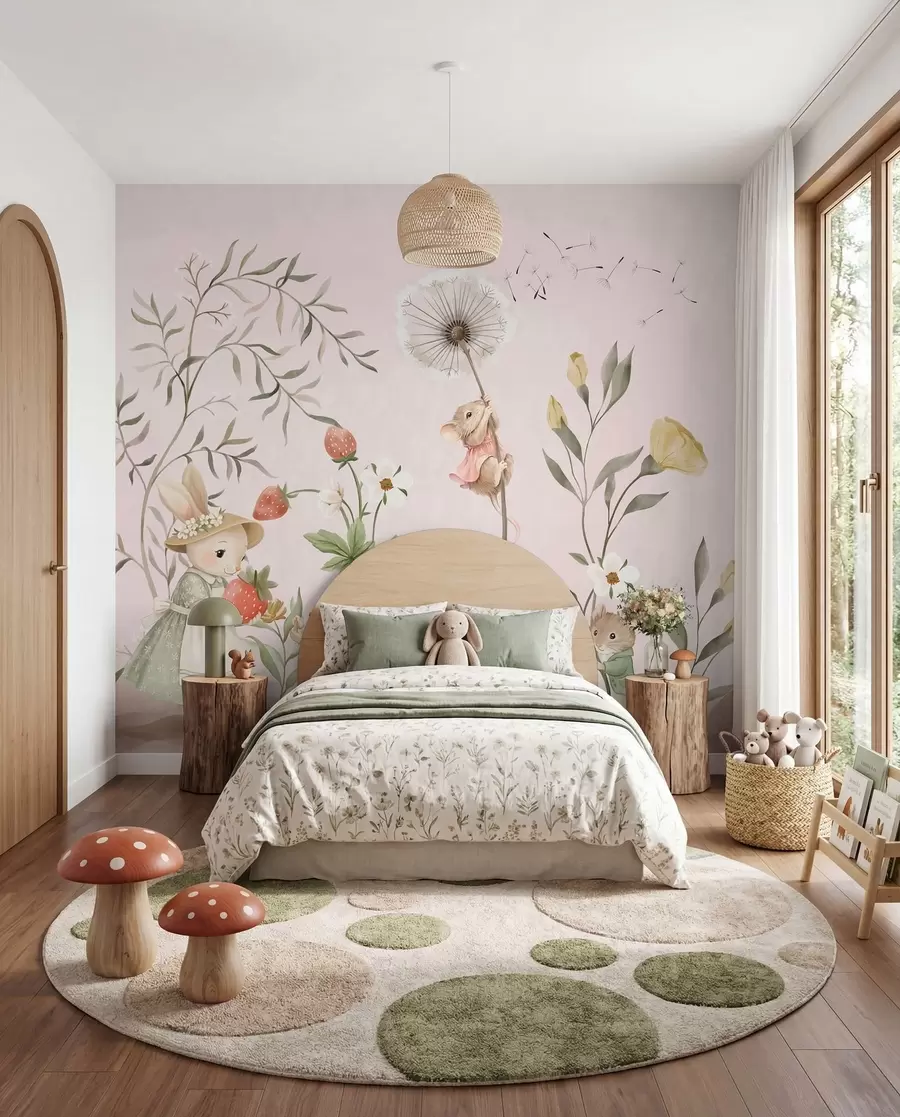 murales de pared Ilustración de animales con fresas sobre un fondo rosa claro w05422v1