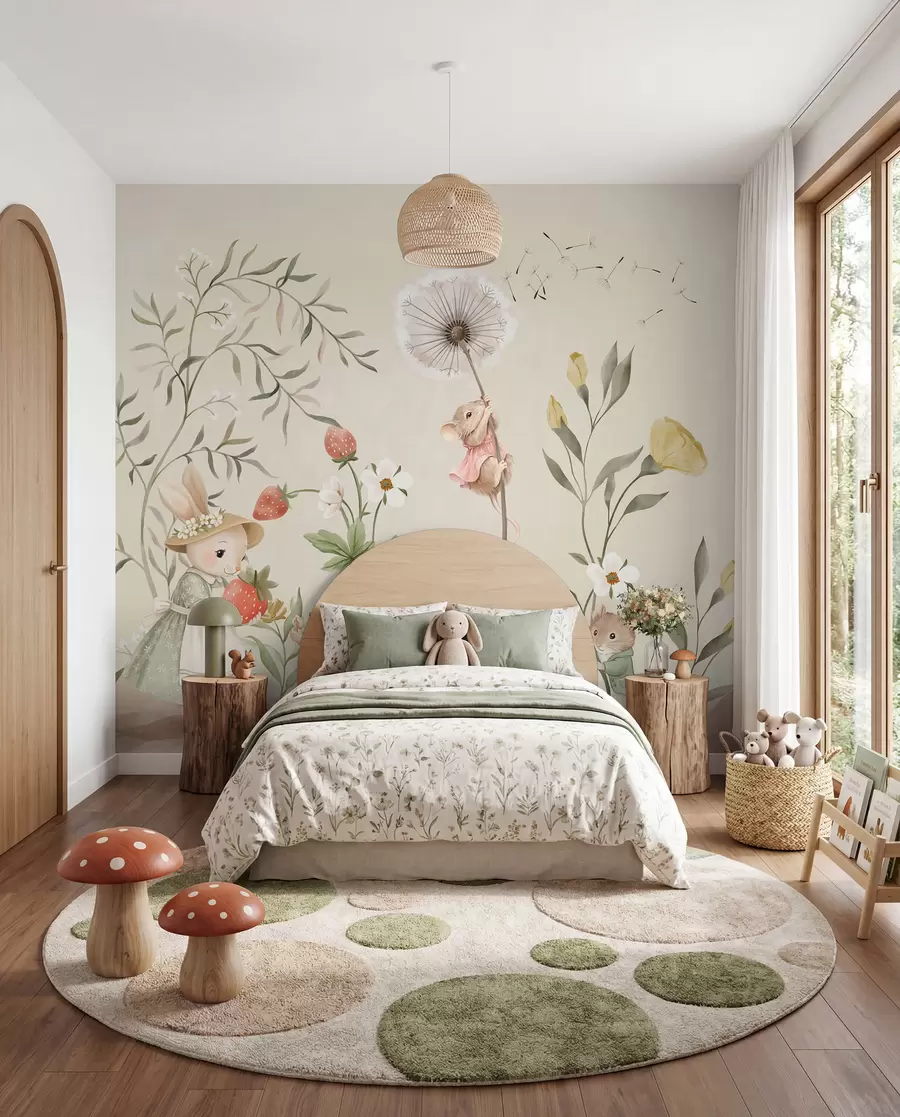 murales de pared Ilustración de un conejito, un ratón y unas plantas con fresas w05422v2