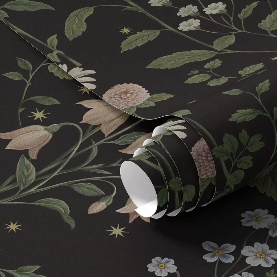 murales de pared Diseño floral sobre fondo negro con estrellas a01160