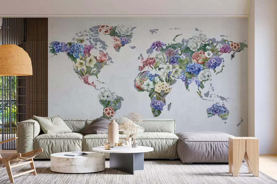 murales de pared Un colorido mapa del mundo elaborado con una gran variedad de flores de vivos colores c00006