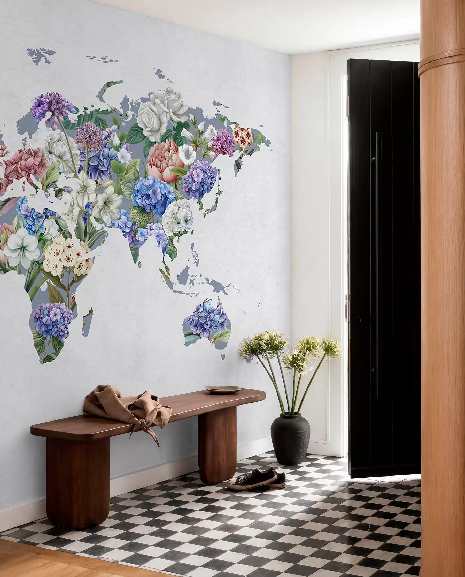 murales de pared Un colorido mapa del mundo elaborado con una gran variedad de flores de vivos colores c00006